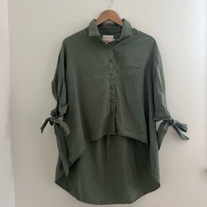 Sancia Buttondown Shirt Top High Low Sleeve Ties Army Green Oversize XS Tencel